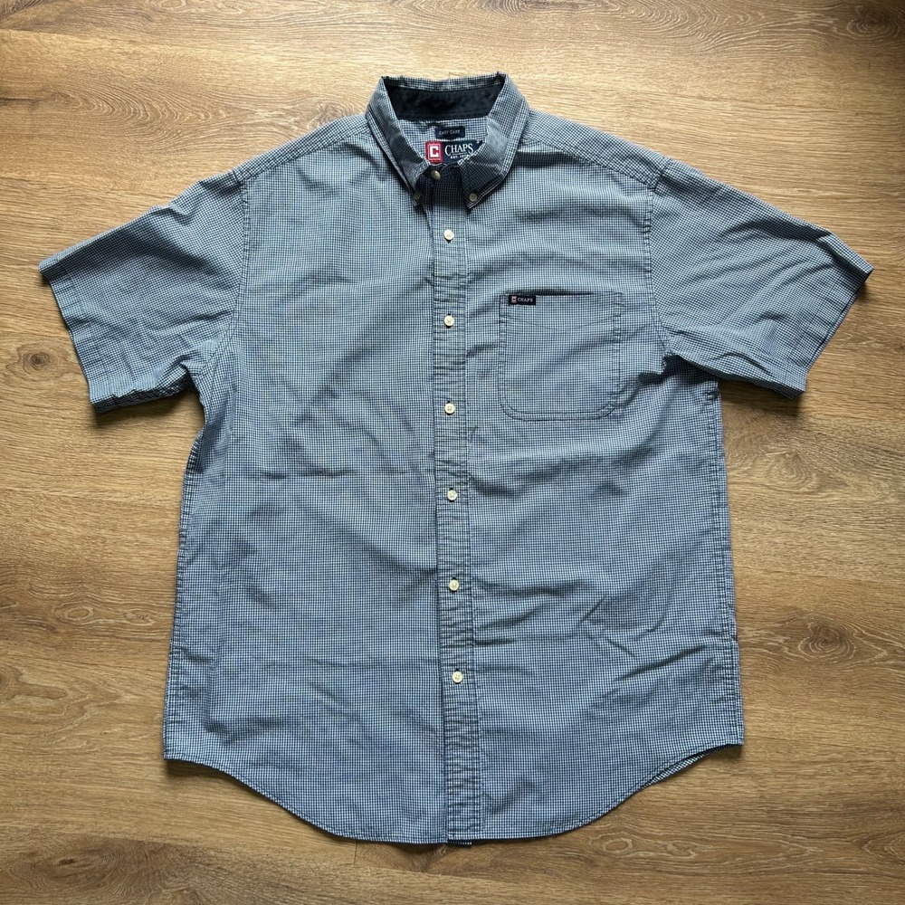 Chaps Mens L Blue White Micro Gingham Short Sleeve Button Down Shirt Easy Care